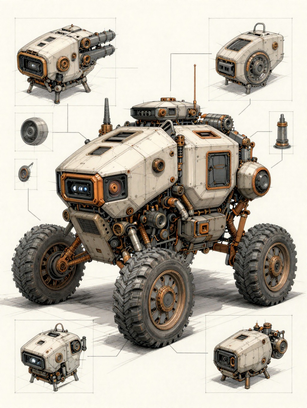 sketch art of a rugged all-terrain sci-fi scientific research wheeled vehicle modular complex outfitted with many tools an...