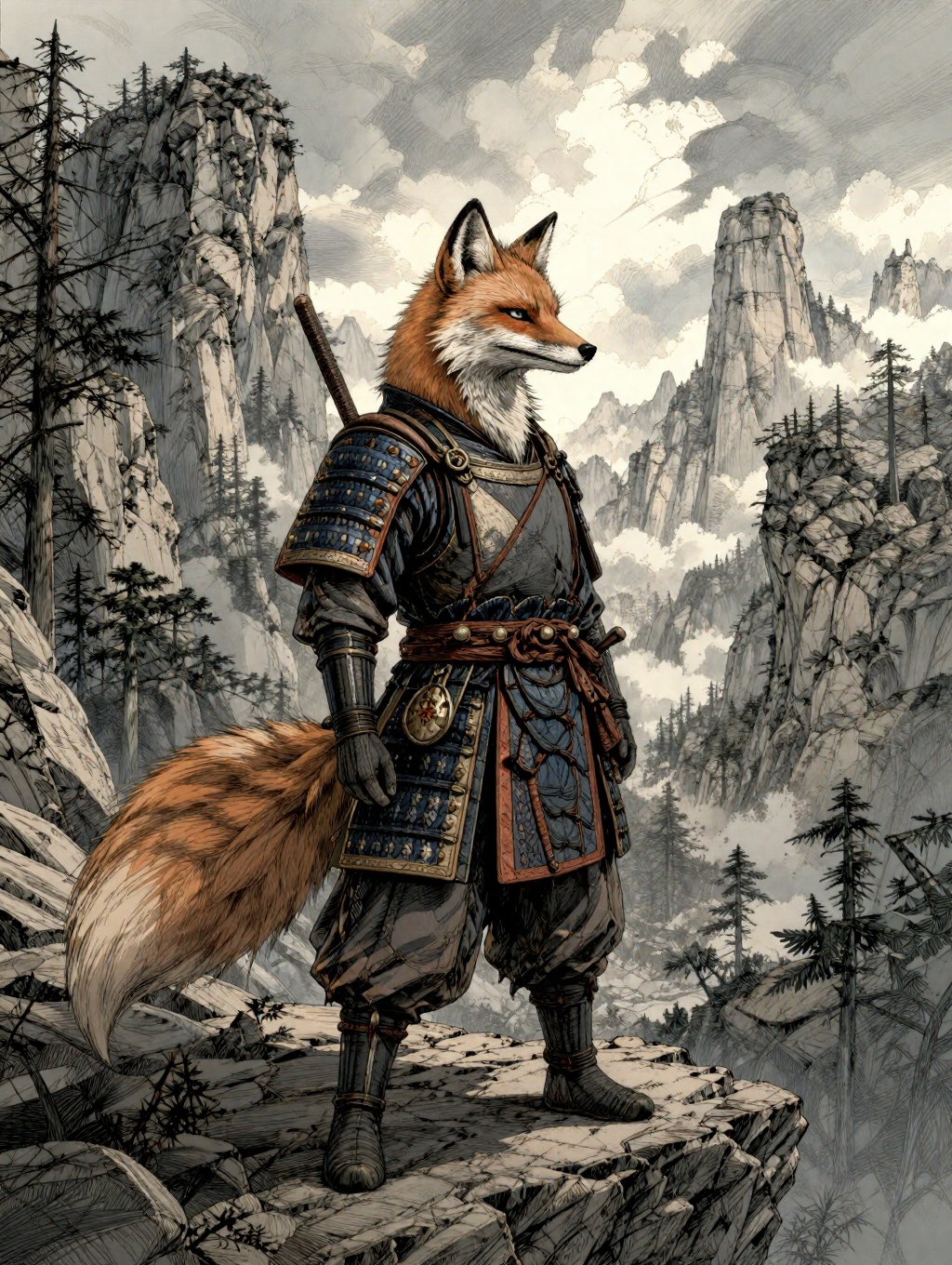 illustration portrait of an anthropomorphized fox samurai warrior on a rocky ledge,  dramatic skies,  overlooking a dramat...