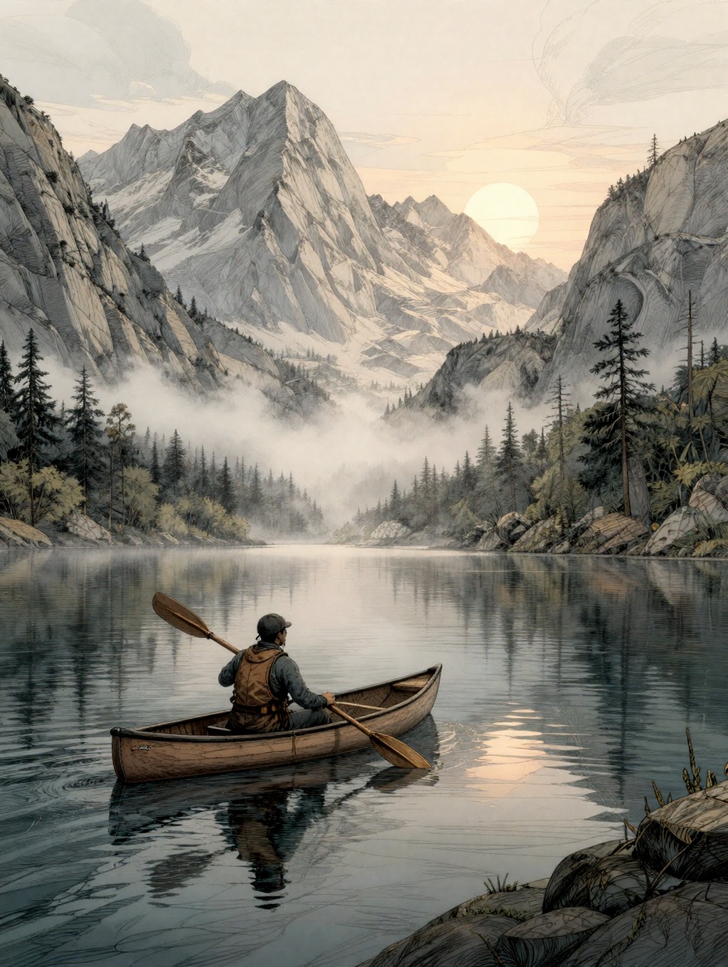 illustration of a serene mountain lake at dawn,  with mist rising from the water and a lone canoeist paddling. intricate c...