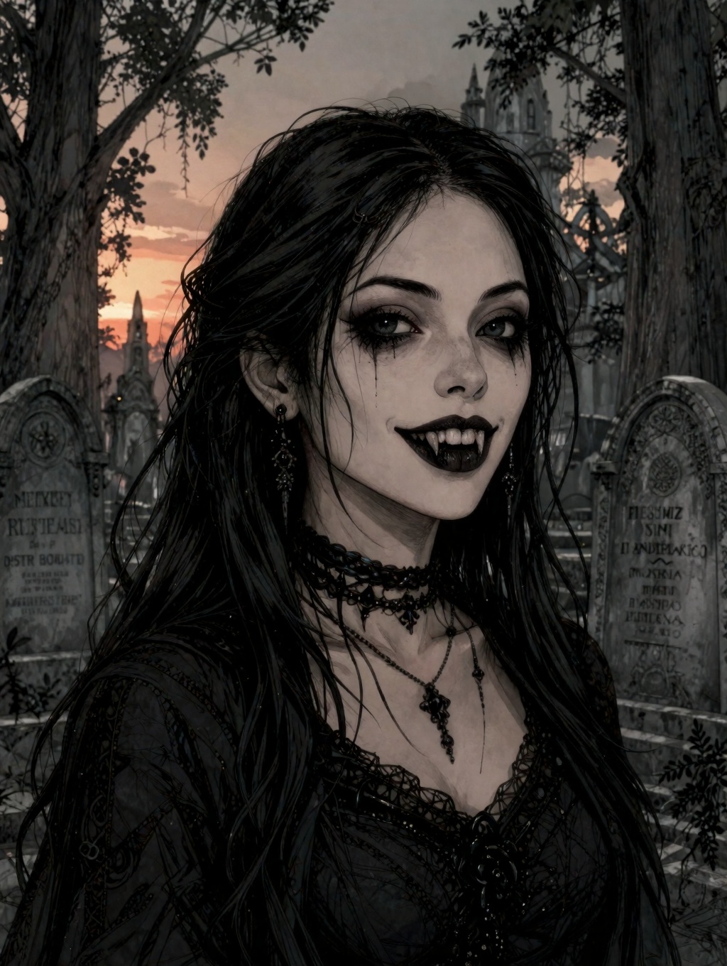 illustrated head and shoulders goth girl with vampire fangs in a cemetery late afternoon among tall trees and elaborate gr...