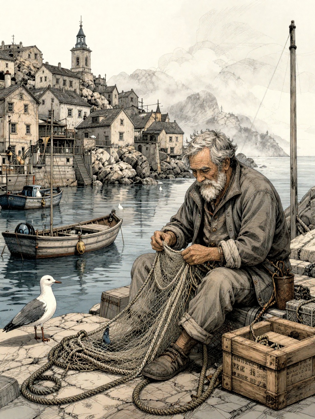 illustration of an elderly fisherman mending nets beside a rocky coastal village,  small boats in harbor,  gulls on Tensor...
