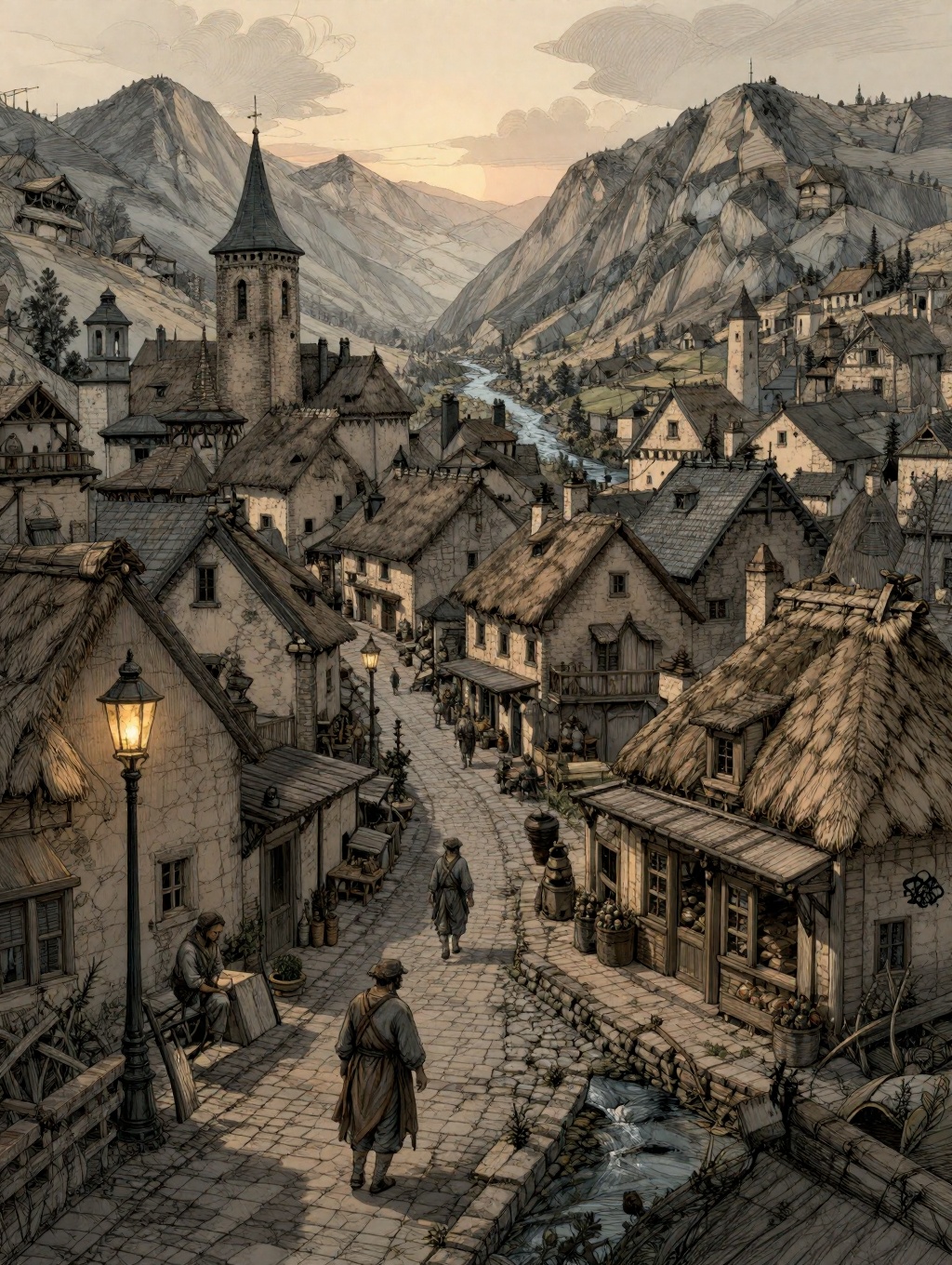 illustration aerial view of a medieval village at dawn,  dim morning light,  with gas street lamps and peasants heading to...