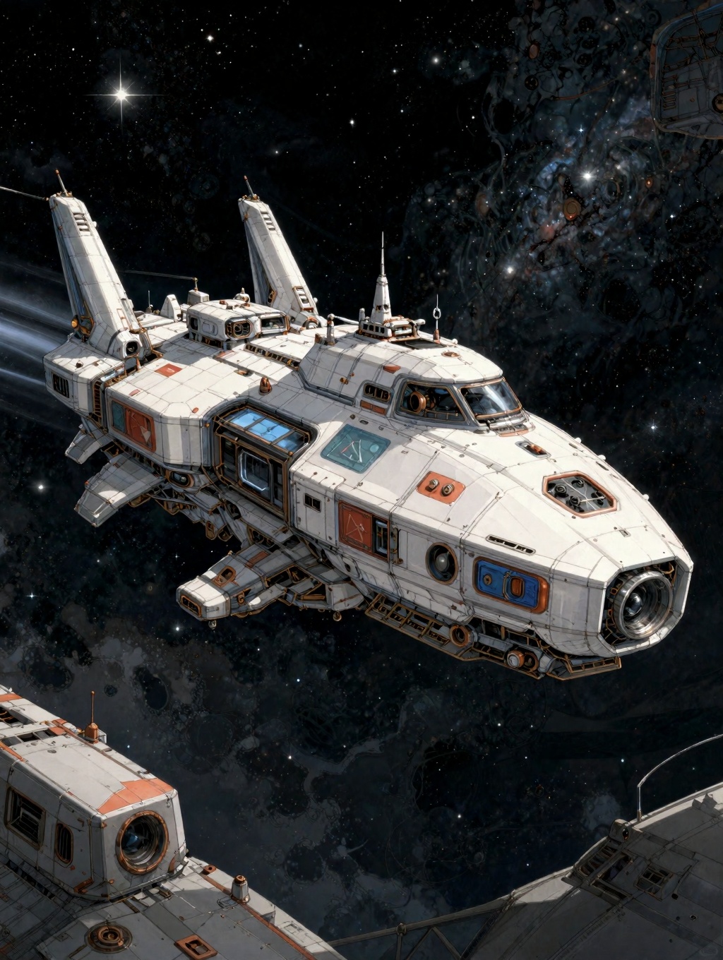 illustration: a sci-fi research exploration unique futuristic ship among black space and stars and nebulae. Flying in spac...