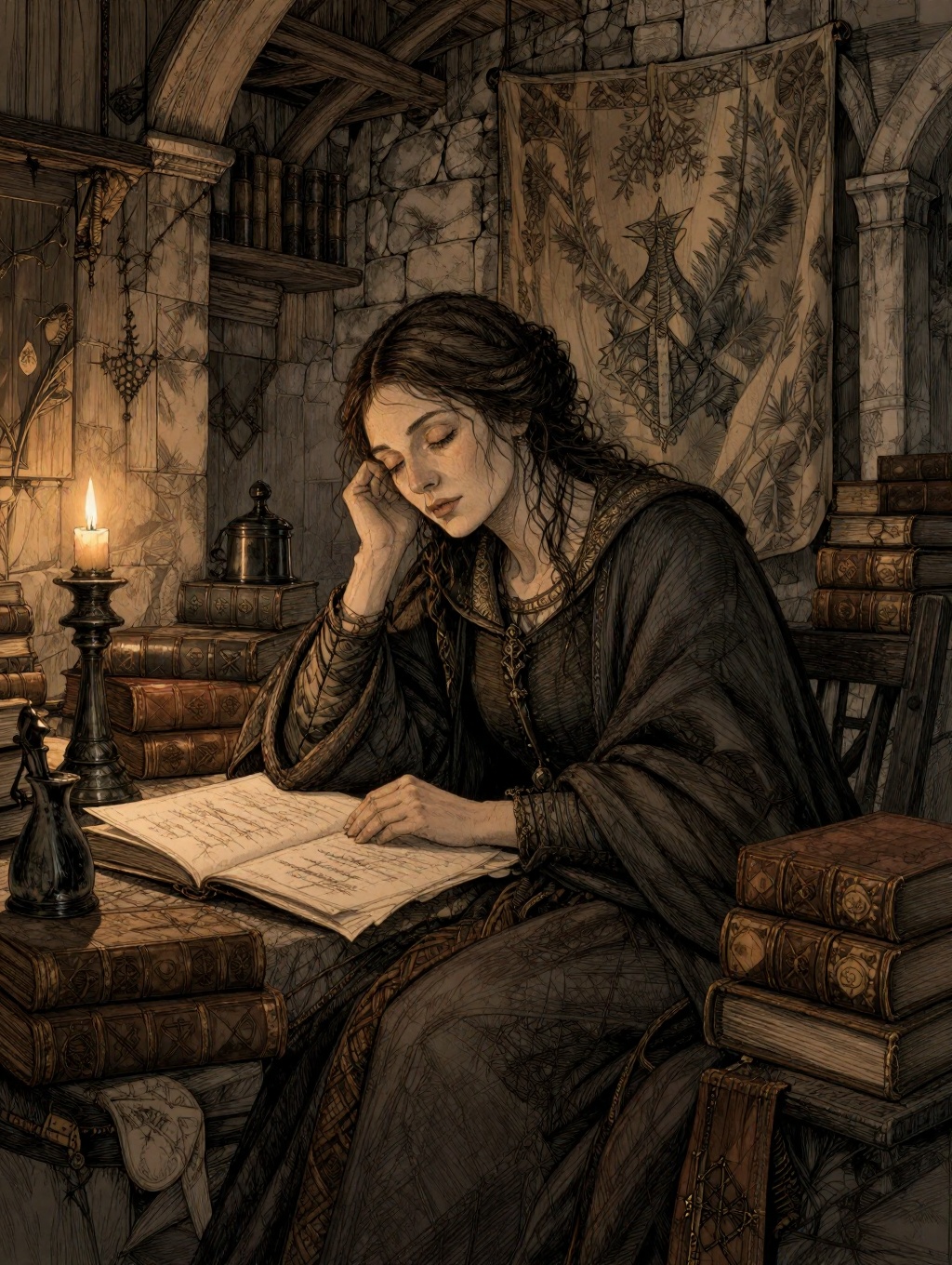 illustration interior portrait of a medieval female scholar gloomy stone and rustic wood background hanging tapestry candl...