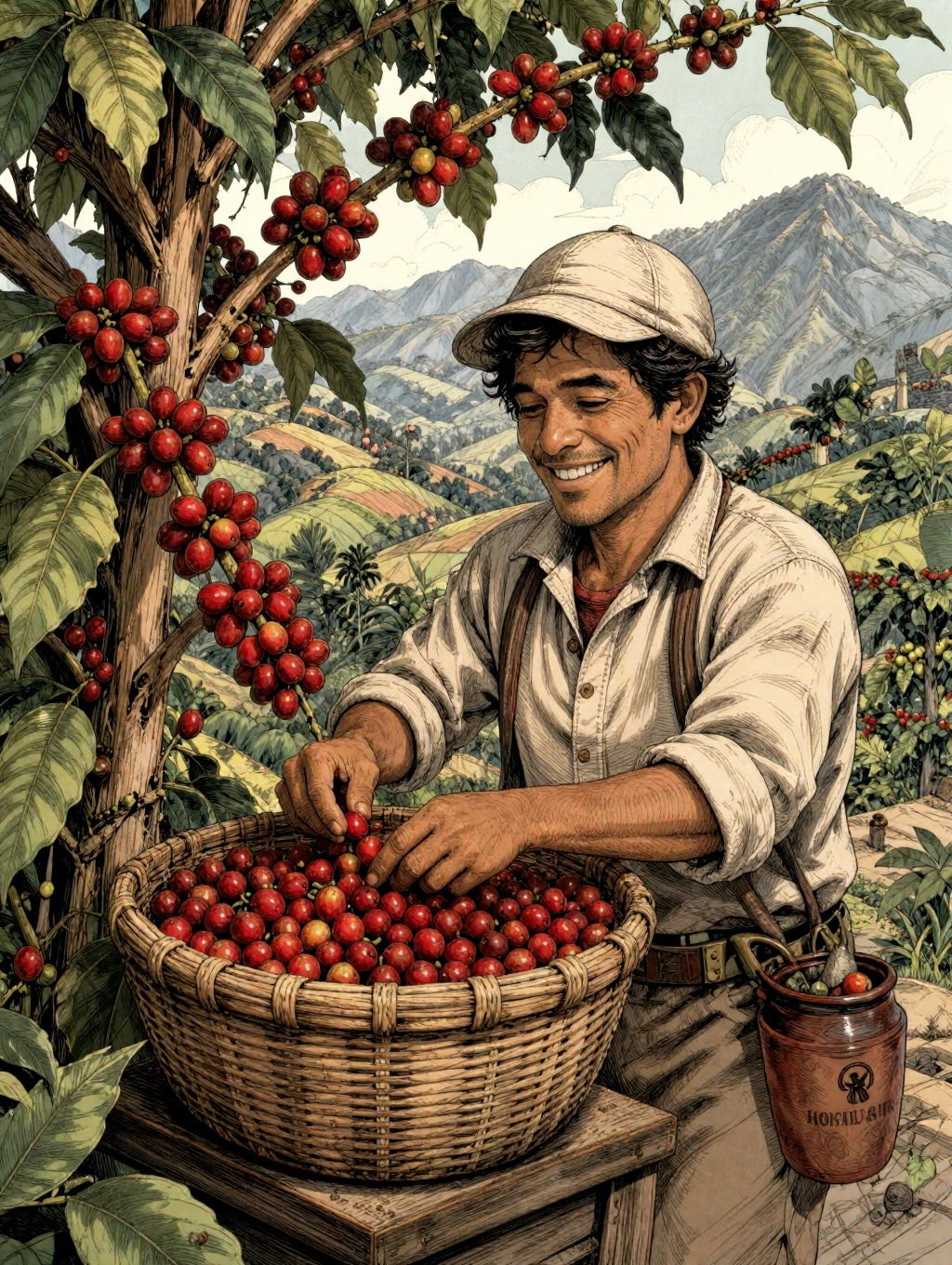 illustration of a cheerful Costa Rican coffee farmer harvesting a basket full of red coffee cherries,  tree full of cherri...