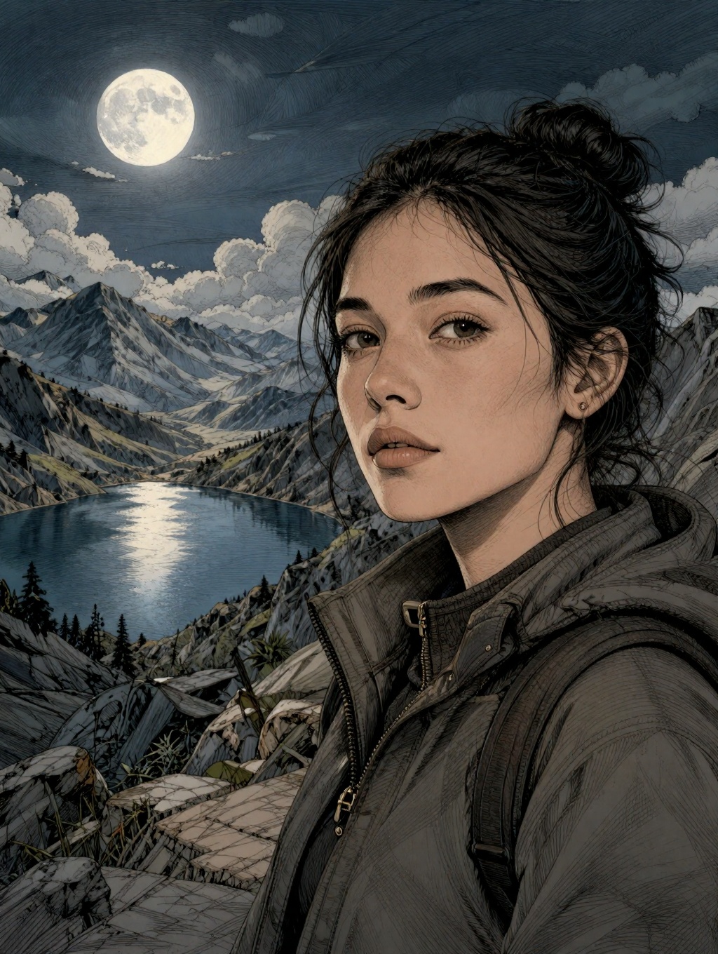 illustration closeup portrait of a model on a mountain summit at night moonlight and clouds vast wide hilly landscape with...