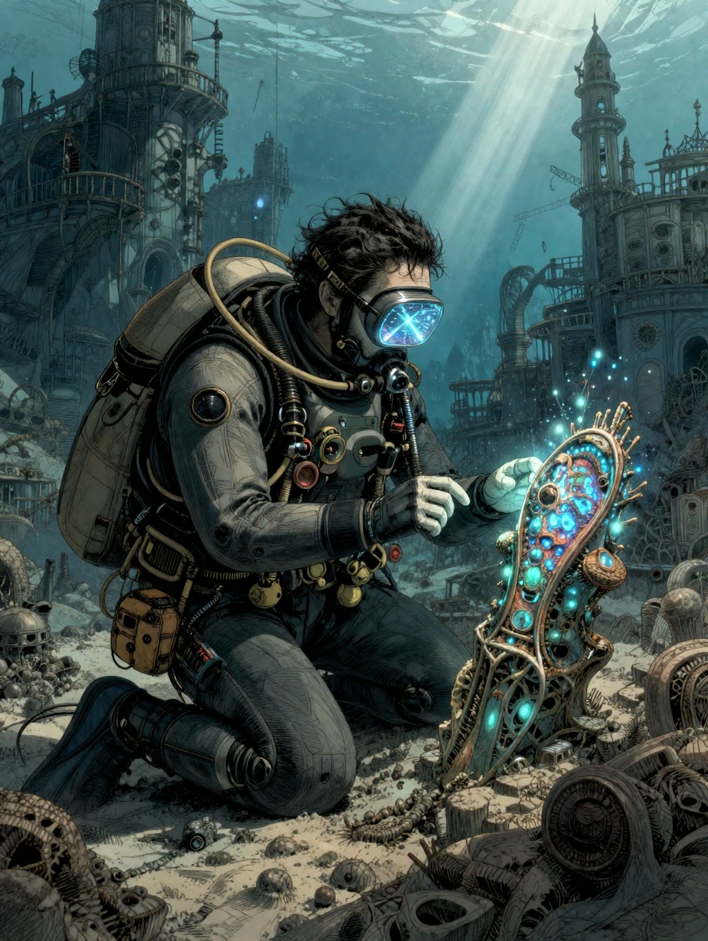 illustration of a deep-sea archaeologist examining an ancient artifact glowing with bioluminescence. Subject wearing high-...