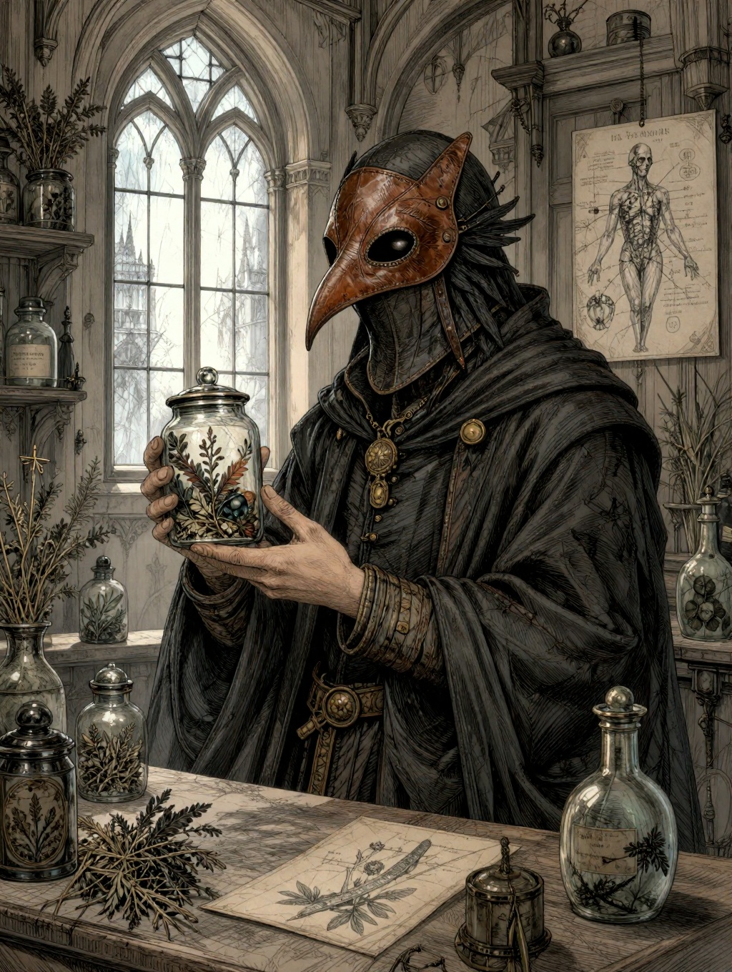 illustration portrait of a hollow-eyed plague doctor in a leather bird mask and dark robes examines a mysterious specimen...
