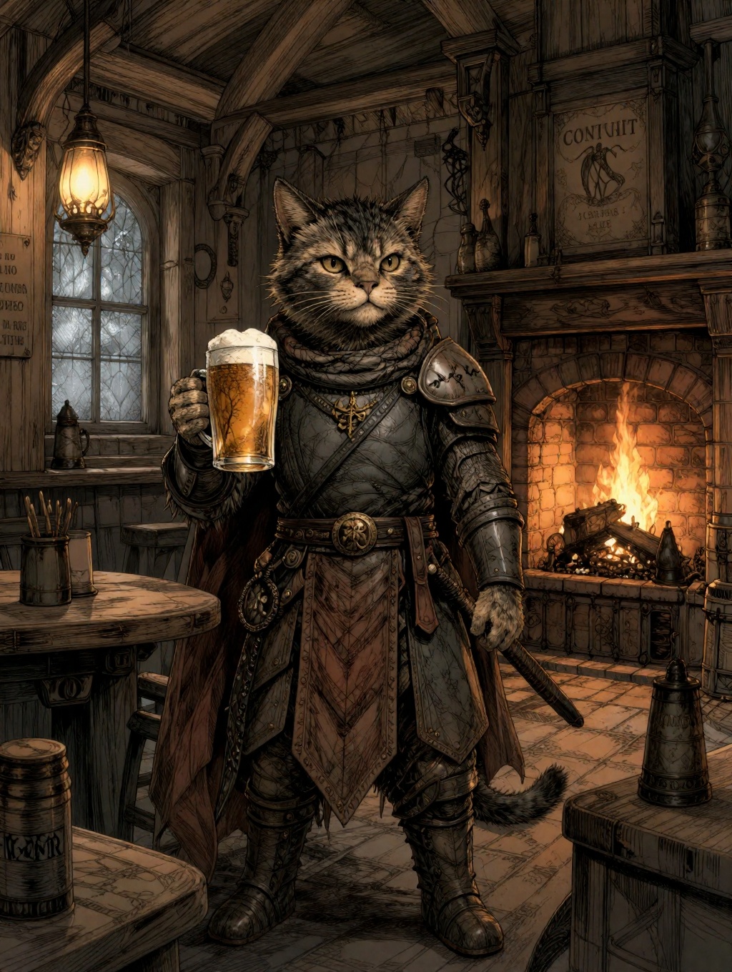 illustration of a fantasy anthropomorphic cat warrior in a dark tavern holding a pint of ale in a cozy environment with ga...