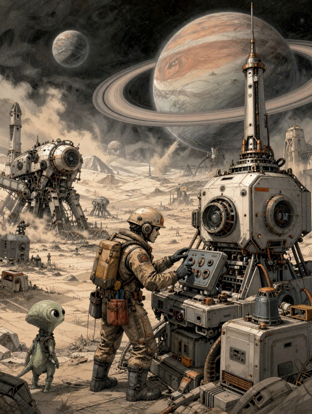 illustration of a massive terraforming operation on a desolate planet. In the foreground,  a determined engineer with a ru...