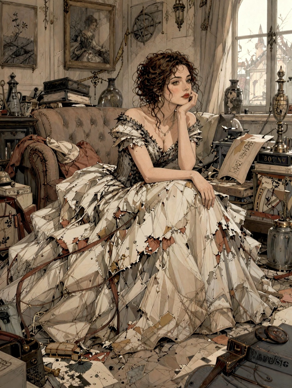 illustration of a brown-haired woman in a tattered ball gown sitting on top of a pile of clutter in a cluttered living roo...