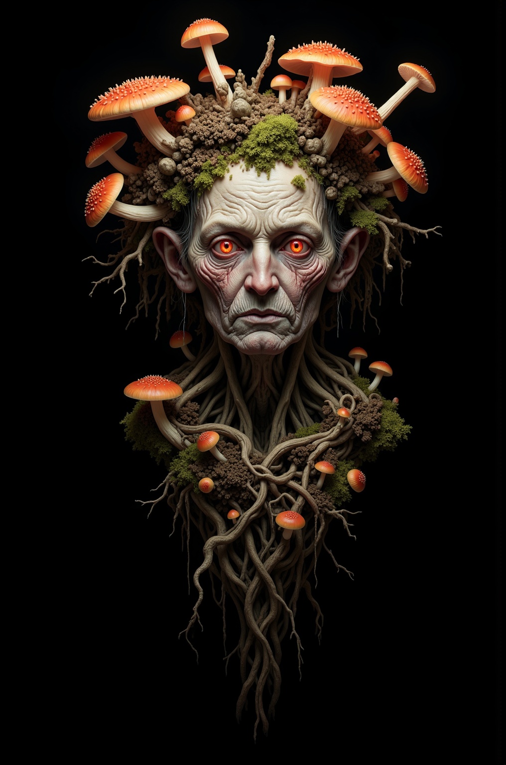 Medium shot of a terrifying ancient Slavic witch-hag,  extremely old and repulsive,  with a gaunt emaciated face deeply co...