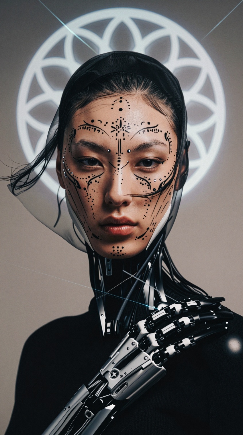 beauty editorial,  ultra close-up portrait of a biomechanical Asian cyber female model,  very narrow eyes on Tensor.Art