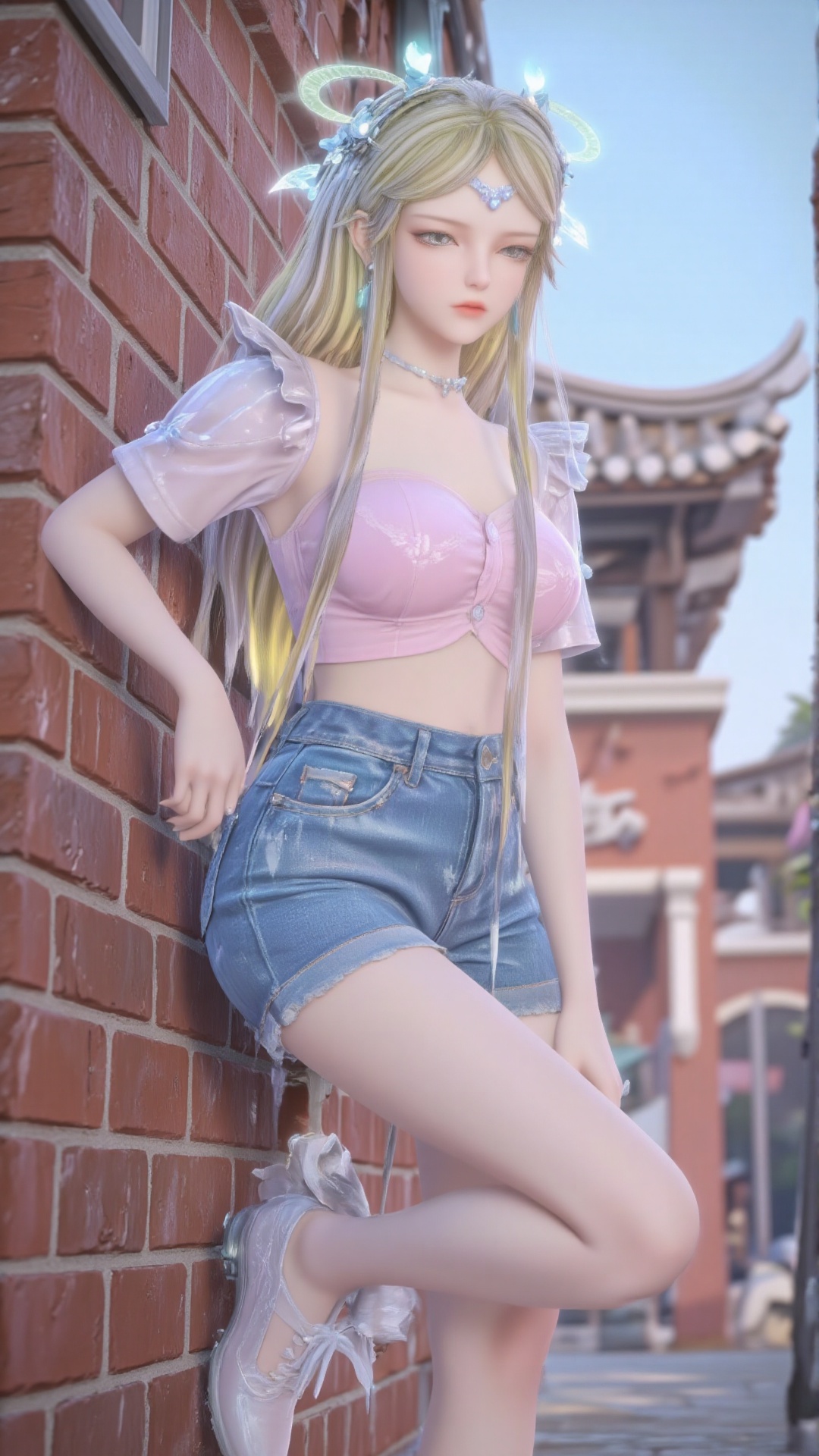 A girl,  single,  with medium chest and long yellow hair. Hair accessories. (Long legs: 1.3). All over the body by 惜舞 on T...
