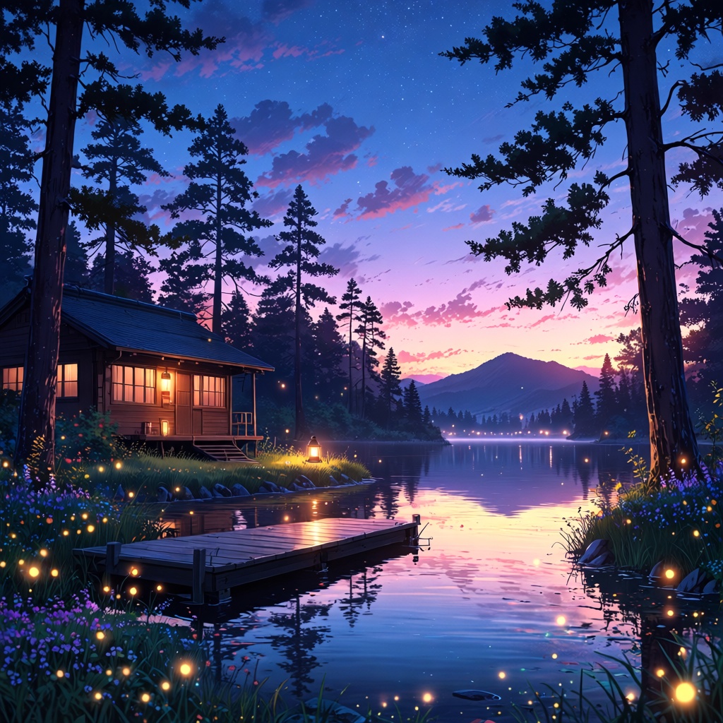 A mystical anime lakeside at twilight,  featuring a cozy wooden cabin surrounded by glowing fireflies and towering pine tr...