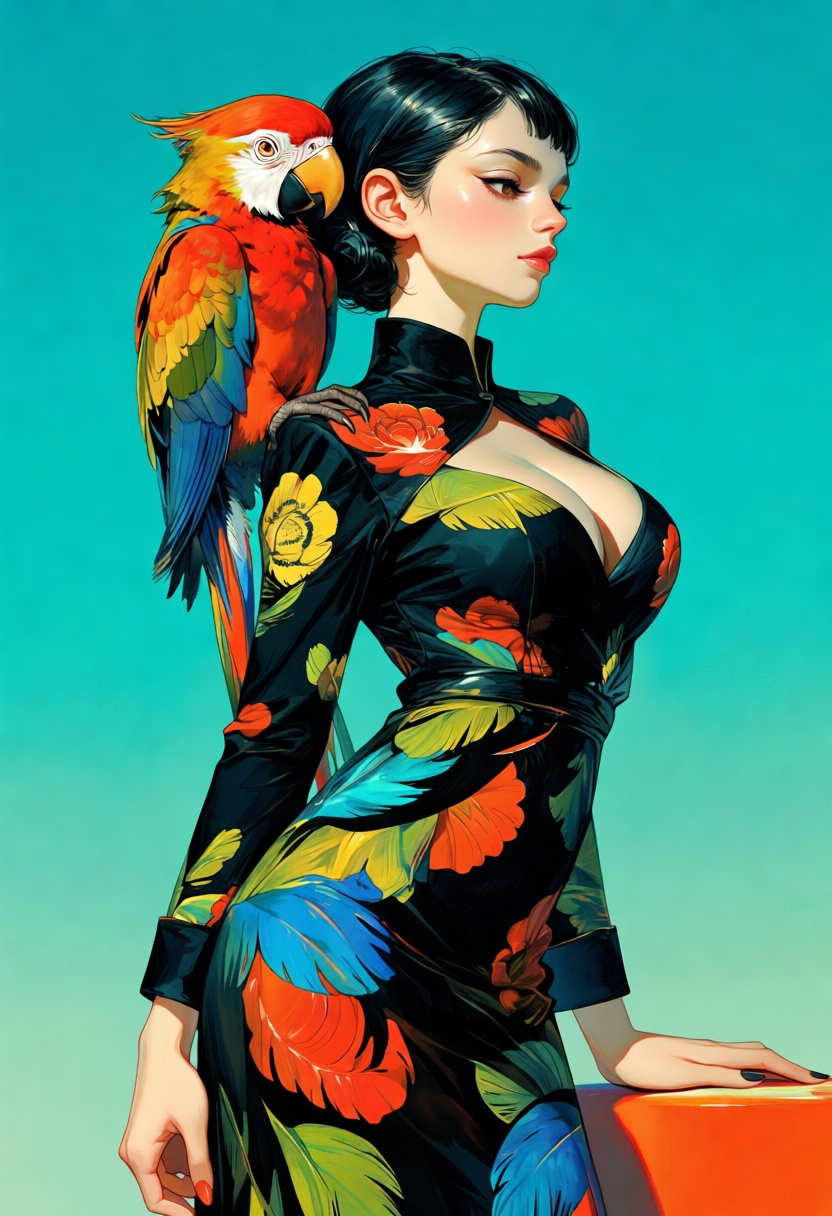 animaport,  Create an animaport in realism digital art style featuring a big-breasted woman with sleek black hair,  standi...