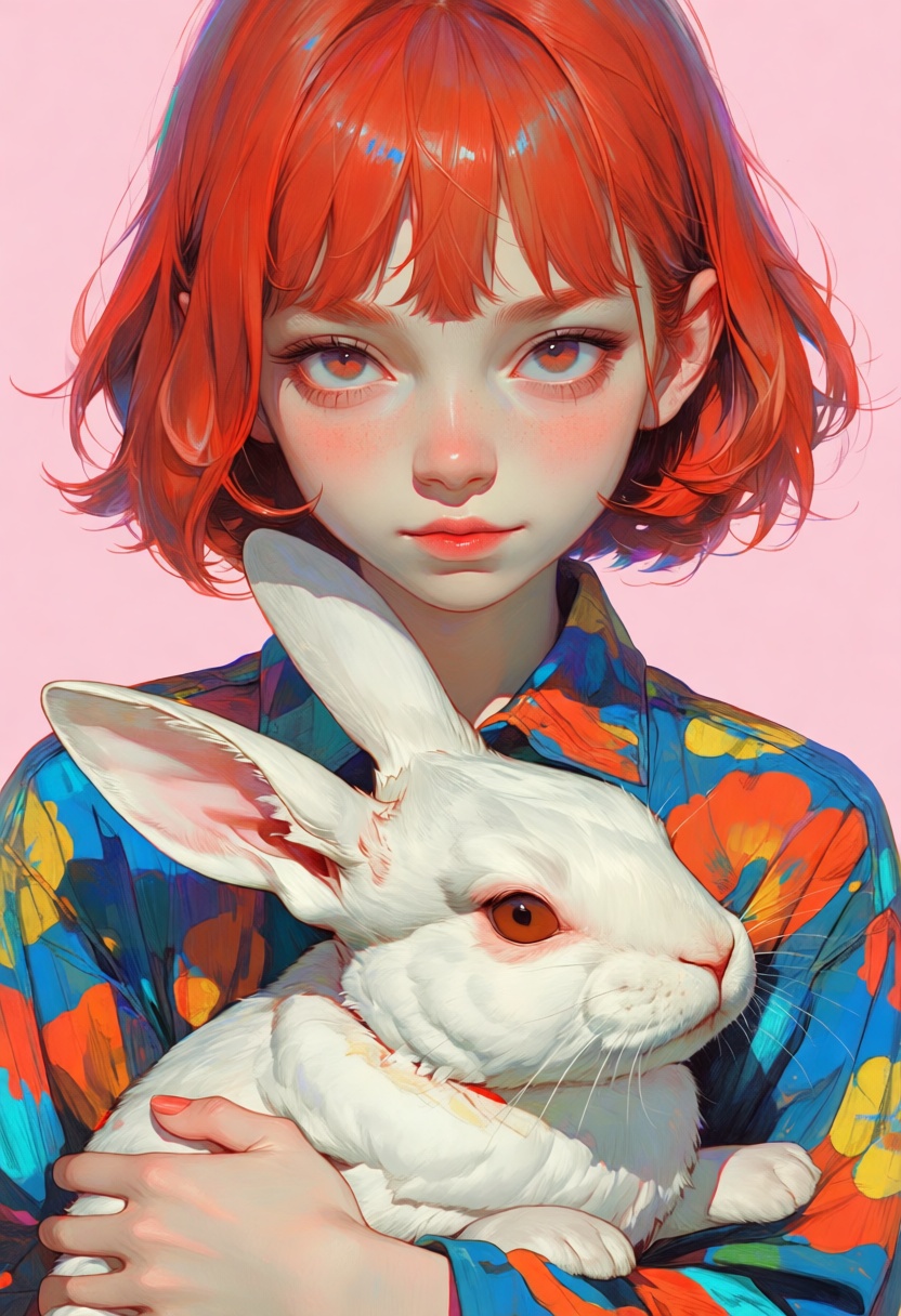 animaport,  portrait of a woman with short red hair and a white rabbit,  against a soft pink background on Tensor.Art