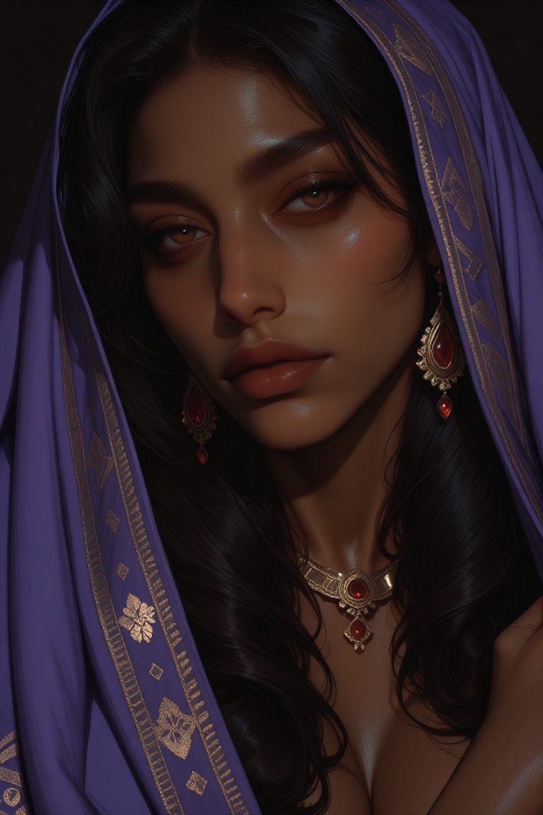 This is a digital painting of a dark-skinned,  beautiful woman with long,  wavy black hair and striking yellow-green eyes....