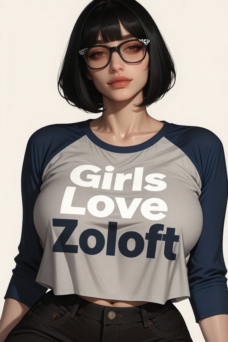 The image shows a woman with short black hair styled in a bob cut. They are wearing large,  black-framed glasses with a wh...