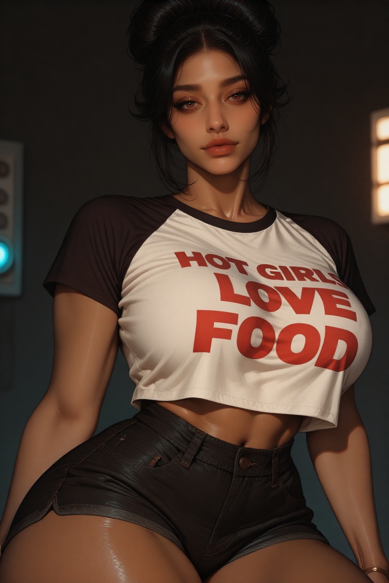 Create a realistic and cinematic image of an Asian woman embodying the Gyaru aesthetic. She has dark,  rich tan skin,  sha...
