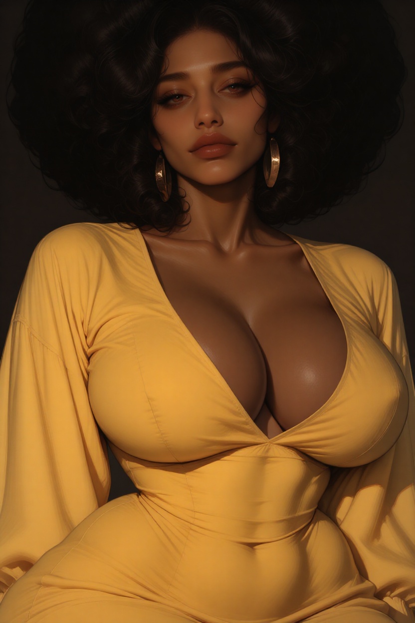 This is a digital artwork of a curvy,  dark-skinned woman with a voluptuous figure,  featuring large on Tensor.Art