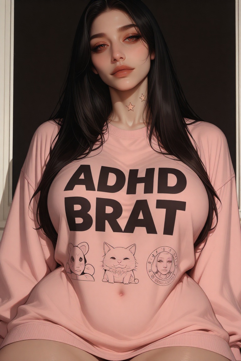 The image depicts a slender and skinny woman wearing a pink sweatshirt sweatshirt with various illustrations and text on i...