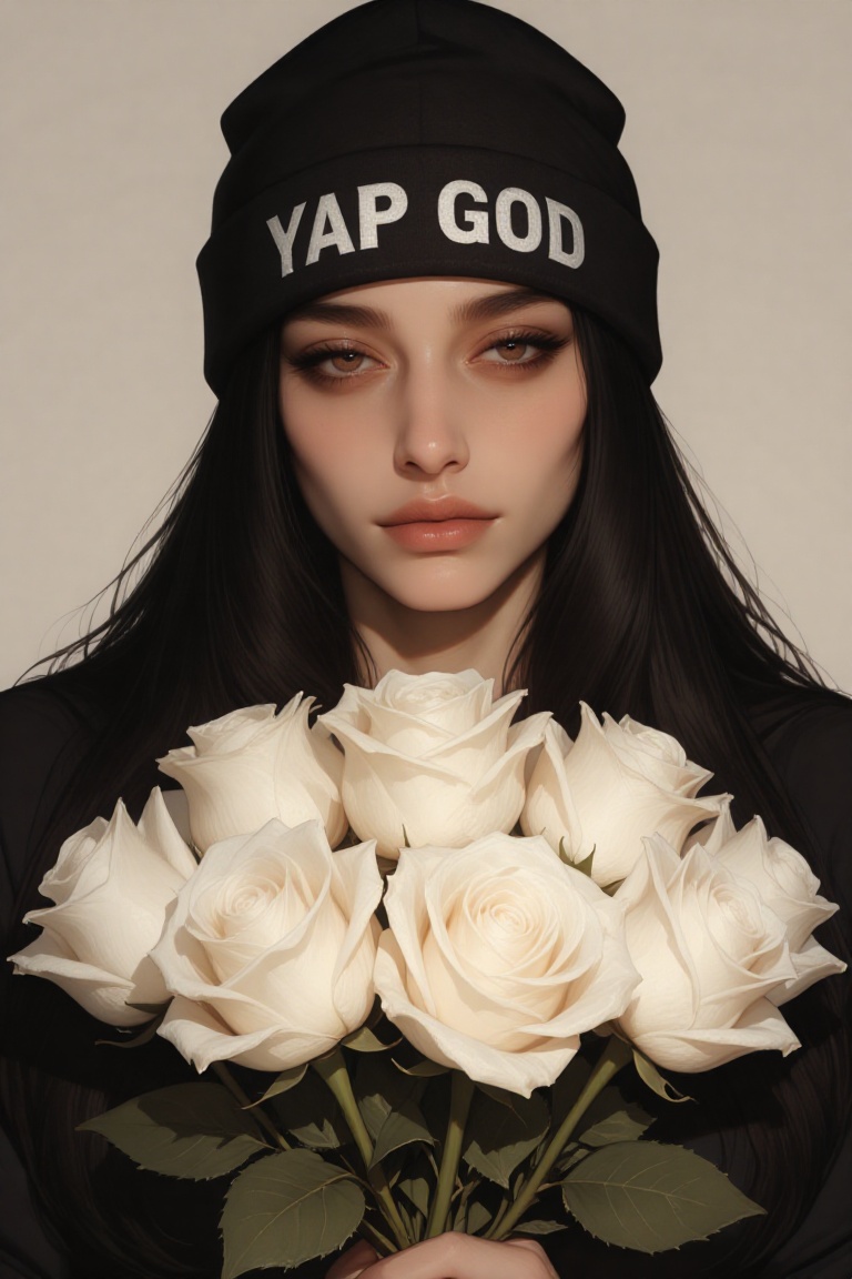The image depicts a person with long,  dark hair wearing a black beanie with the word "YAP GOD" written on it. The individ...
