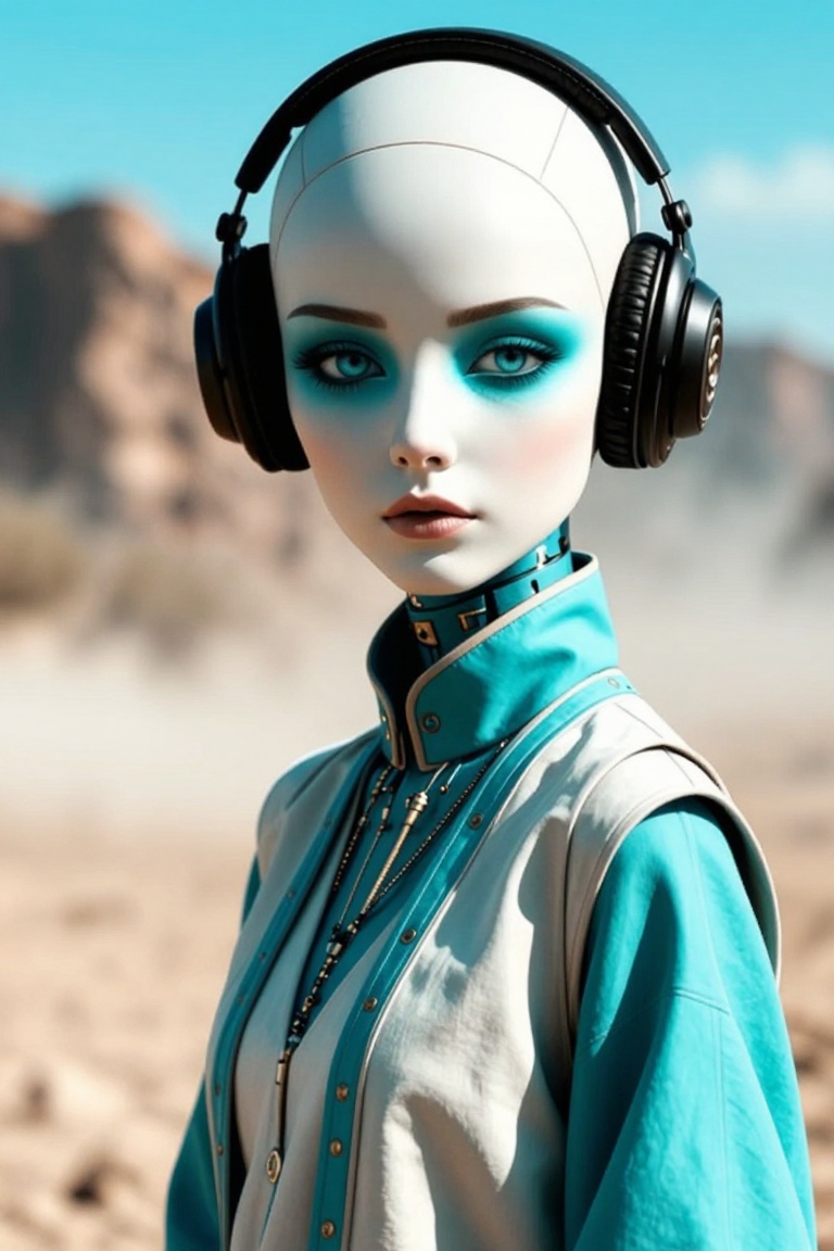 The CyberTech figure,  a futuristic-looking humanoid,  walks through a desert landscape. The figure's skin is pale white w...