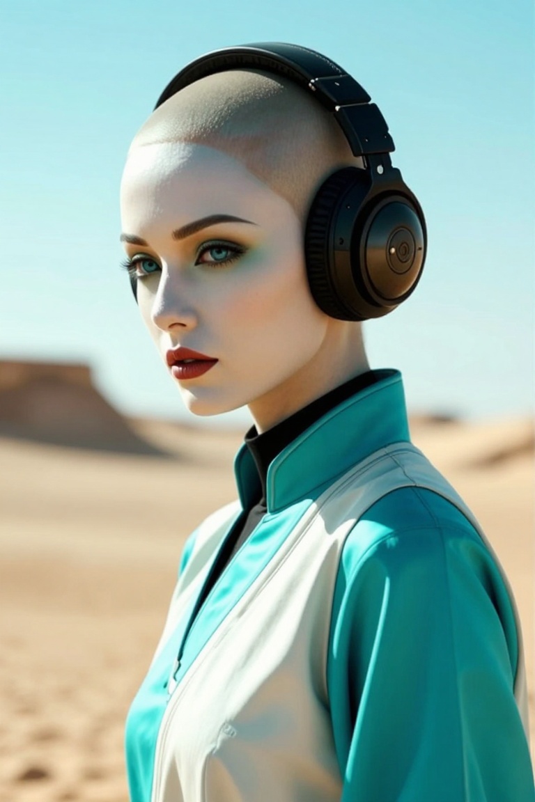 The CyberTech figure,  a futuristic-looking humanoid,  walks through a desert landscape. The figure's skin is pale white w...