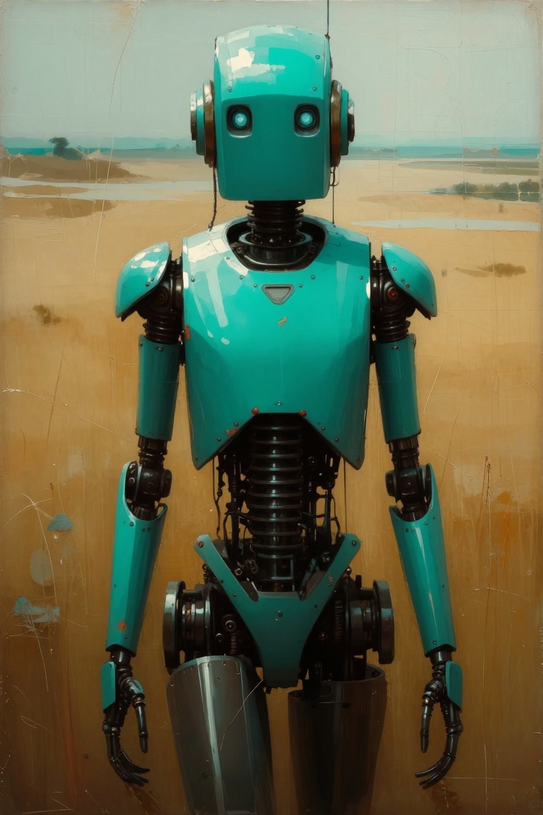 CyberTech,  a robot,  with a turquoise body and a white cloth draped over its torso on Tensor.Art