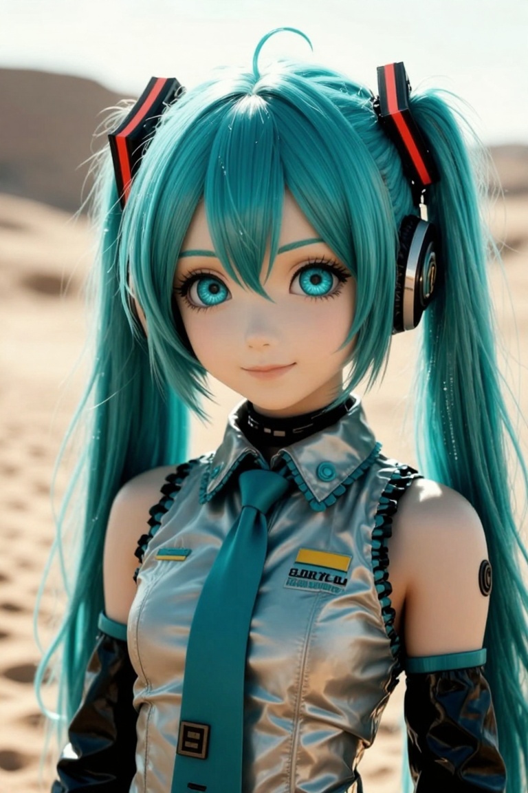 CyberTech,  a girl with a striking turquoise hair and blue eyes stands in a desert-like setting. she wears a futuristic-lo...