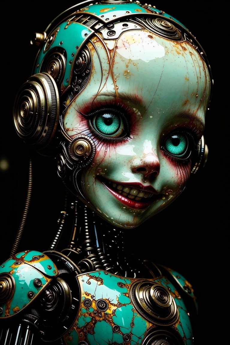 Masterpiece,  full height,  best quality. A creepy little funny robot with a complex porcelain face and head. Hyper-detail...