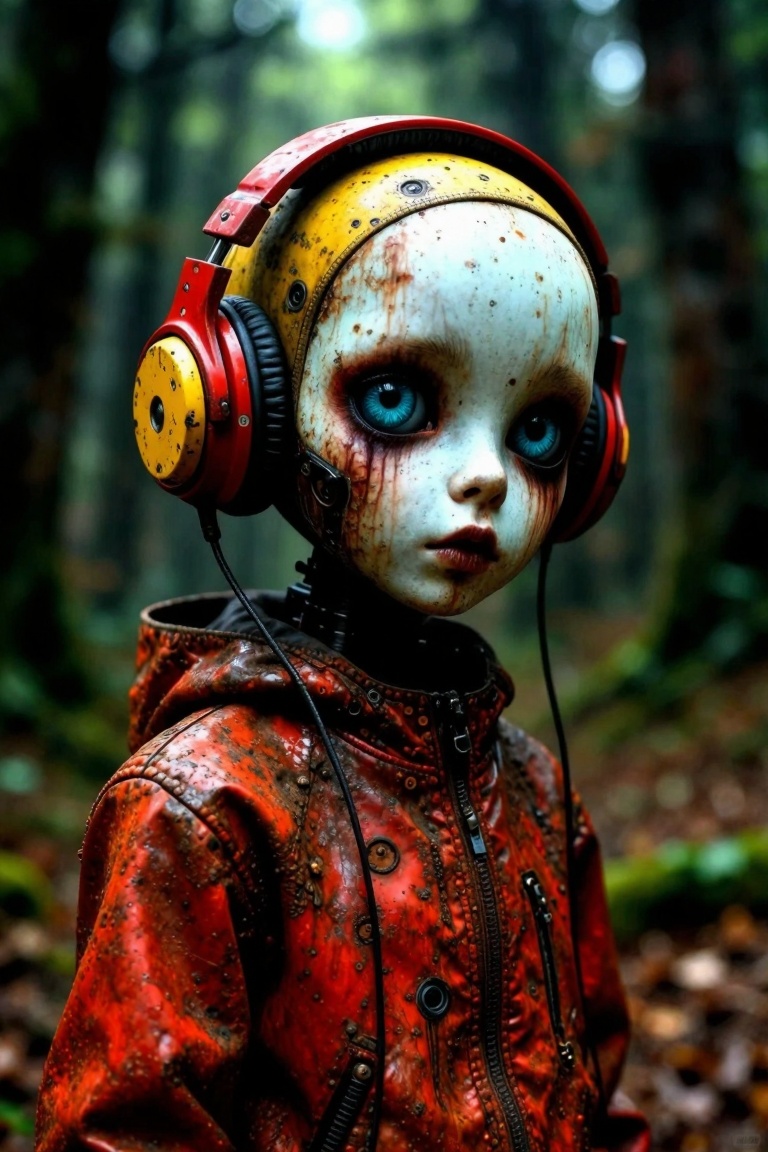 A humanoid figure with a pale complexion and blue eyes stands in a forest setting. the figure is adorned with a pair of re...