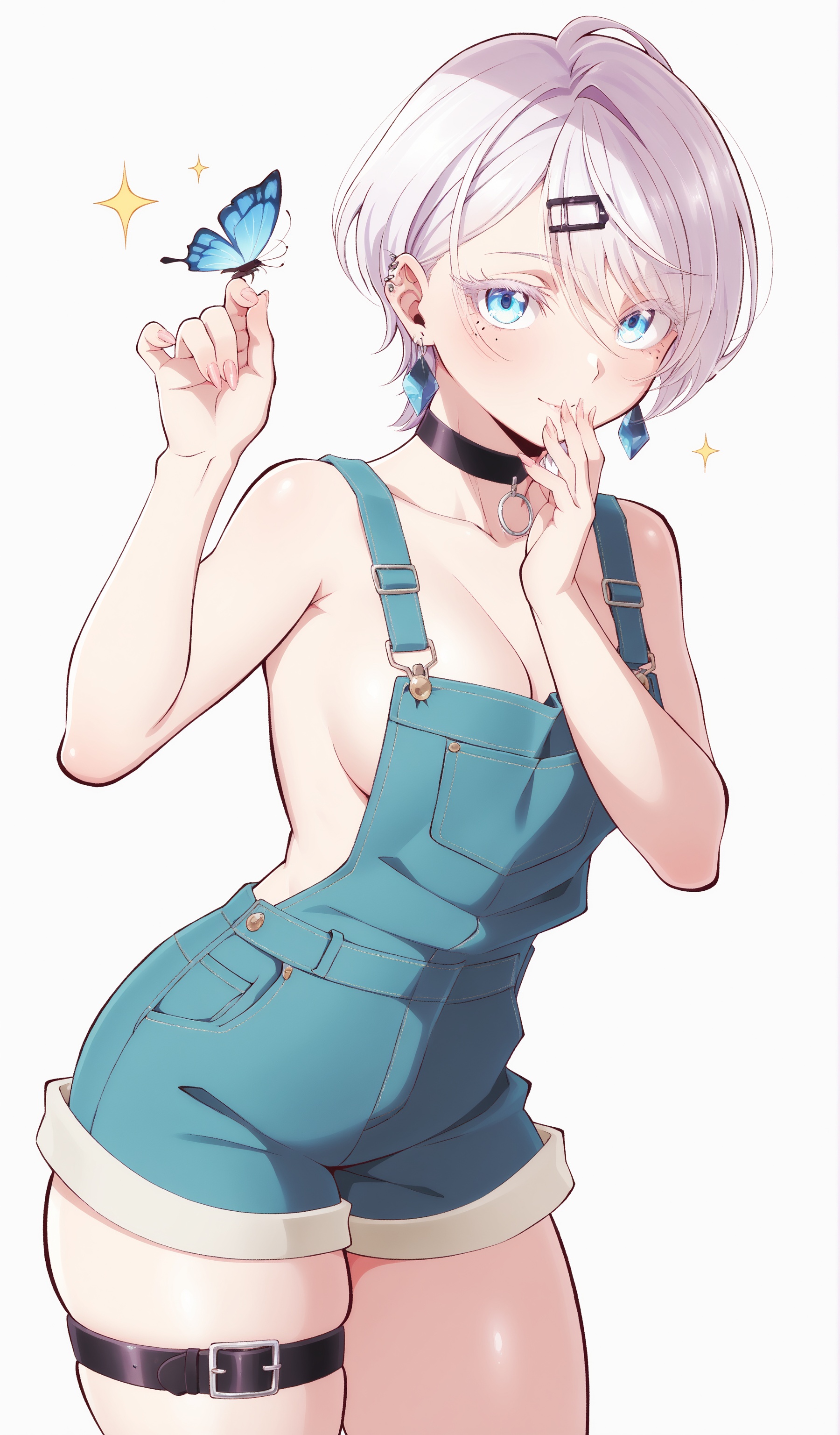 A captivating solo portrait of a girl with short hair and bangs,  gazing directly at the viewer. Her striking blue eyes sp...