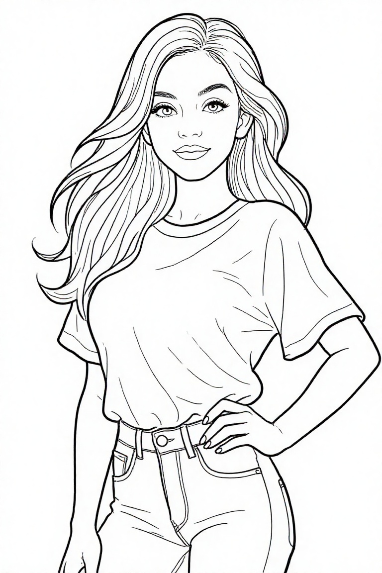 The image depicts a clean,  coloring book–style line illustration of a young woman with long,  flowing hair. She is wearin...