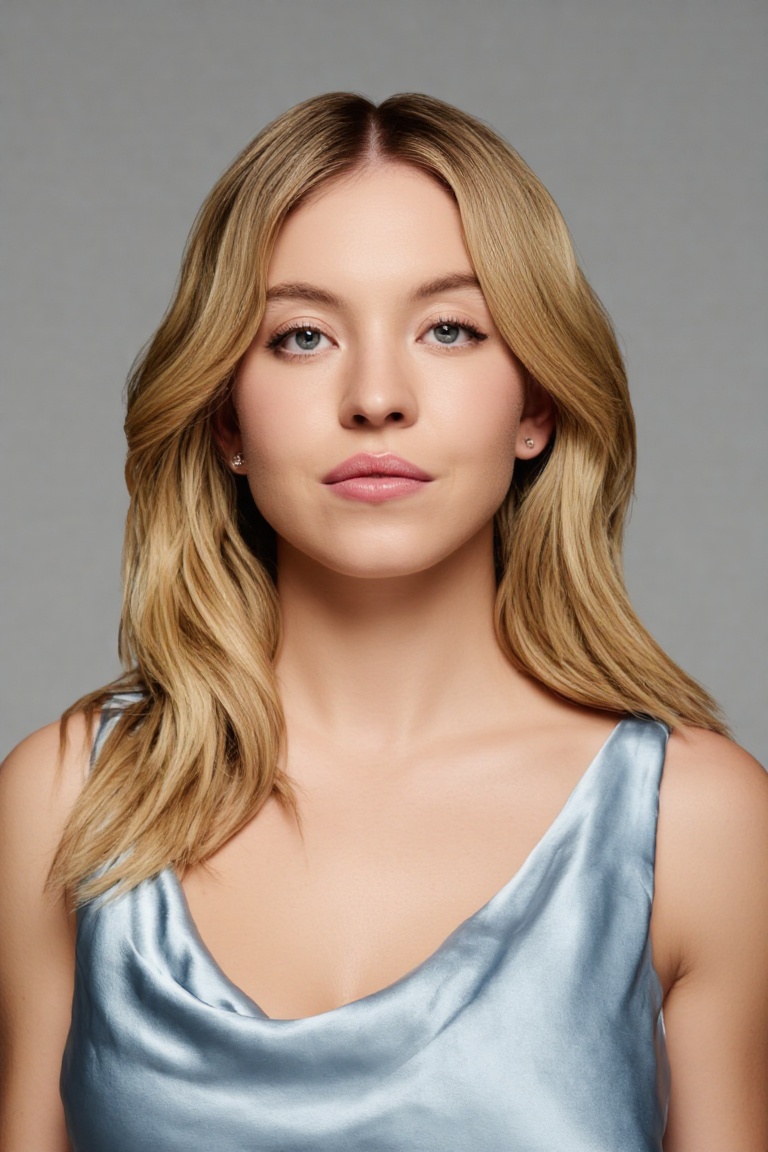 The woman in the image has light blonde hair styled in soft waves,  parted slightly off-center. She wears a sleeveless,  s...