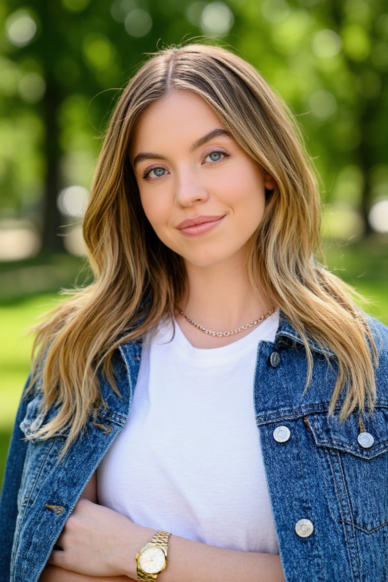 Professional editorial portrait photograph taken during an outdoor photoshoot in a park. Captured with a full-frame camera...