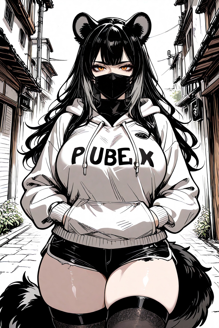Solo1,  female focus,  Soft pale skin with natural dark “mask” markings around her bright amber eyes that make her look pe...