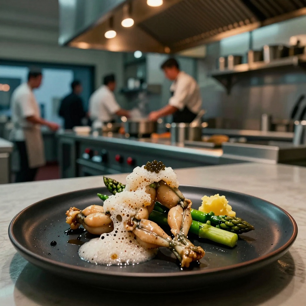 Ultra-realistic Michelin 3-star open kitchen food photography,  eye-level horizontal angle,  90mm lens on Tensor.Art