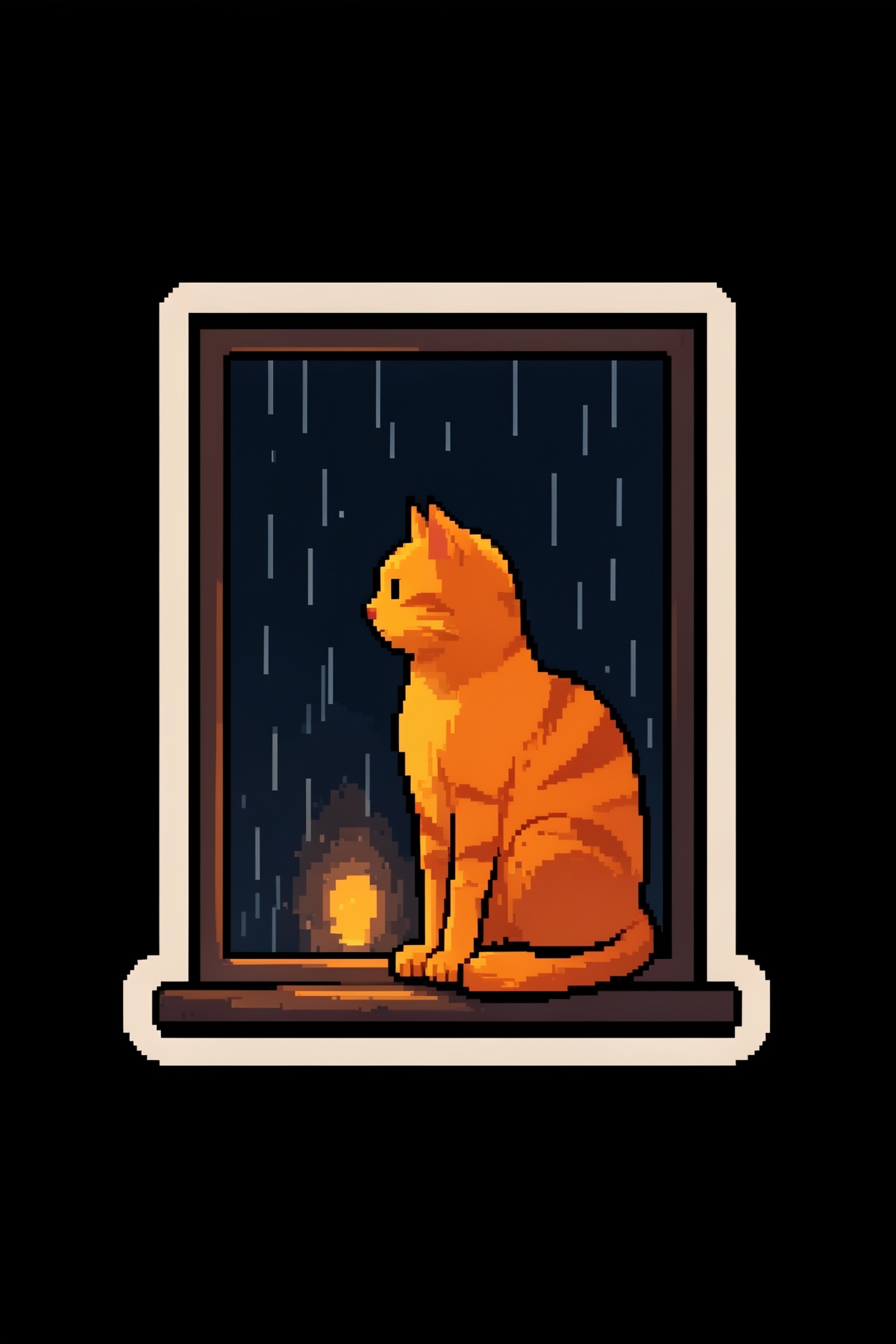 16-bit pixel art,  centered composition,  single orange tabby cat sitting quietly on a windowsill at night on Tensor.Art