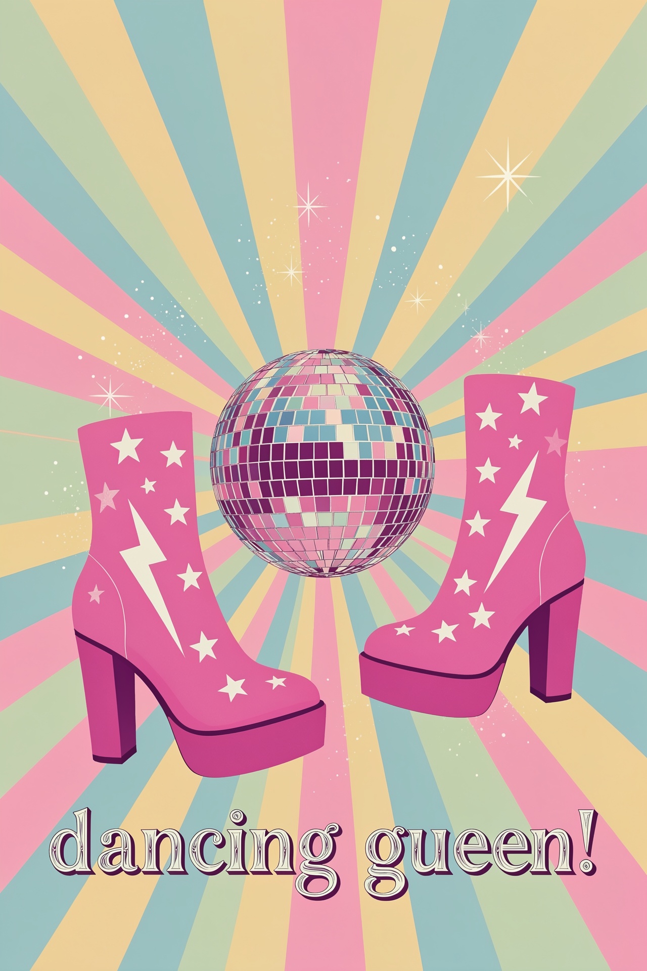 a graphic with a disco aesthetic,  showcasing two pink platform boots adorned with white stars,  one of which also has a w...