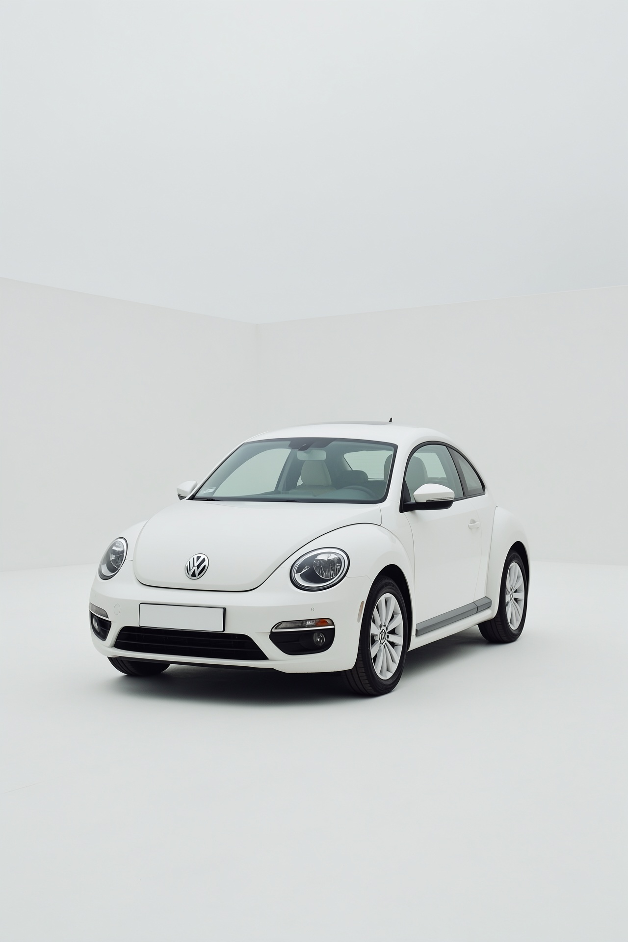 photorealistic white Volkswagen Beetle parked in a bright open white environment under overcast sky,  pale tones everywher...