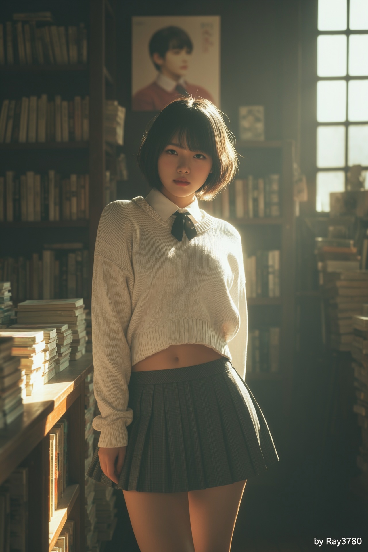 一位短发少女立于旧书店内,  身穿米白色竖条纹针织短款毛衣,  内搭白衬衫与深色领结 on Tensor.Art