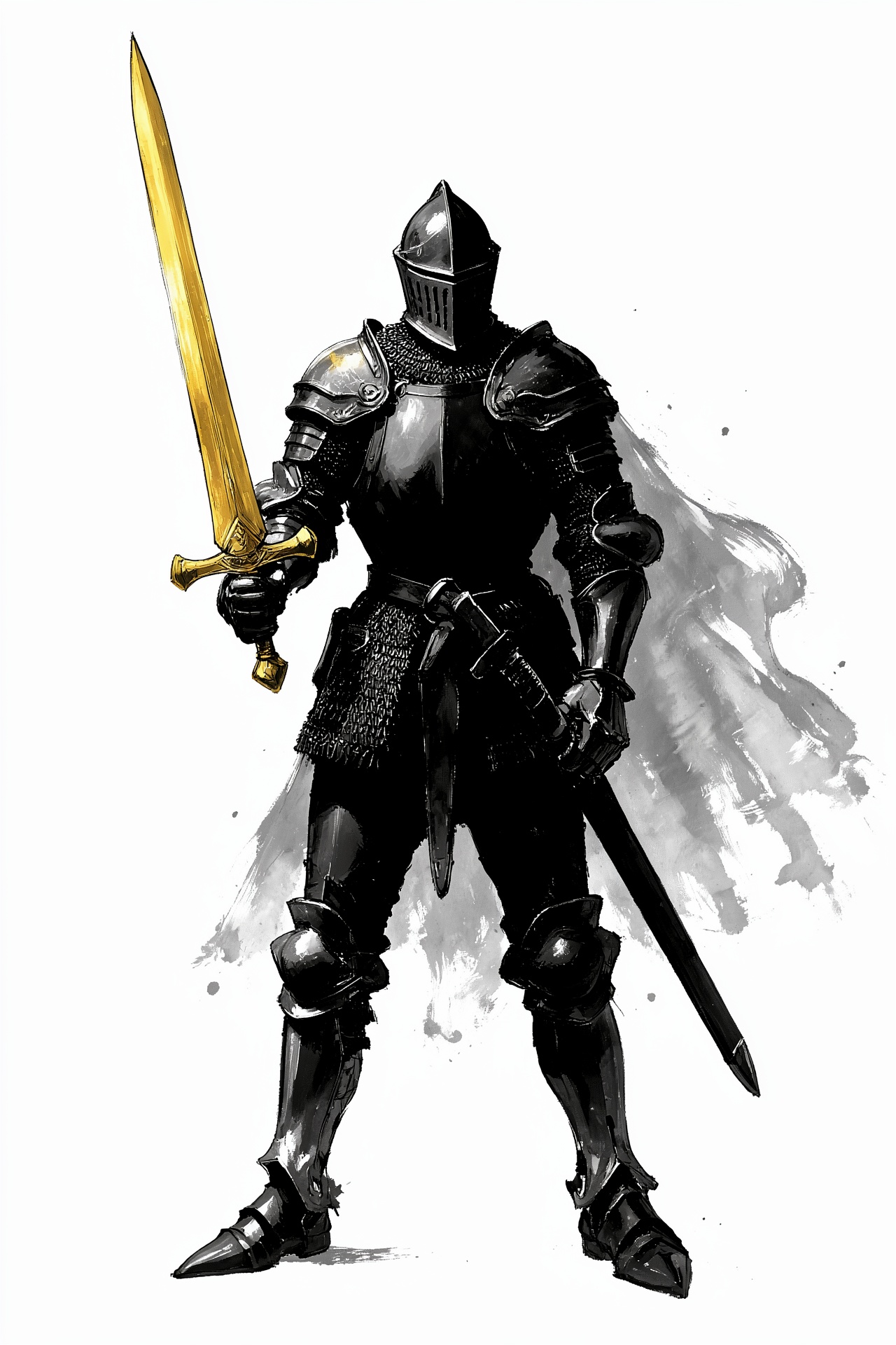 medieval knight holding a golden long sword,  full armor,  ink art style on Tensor.Art
