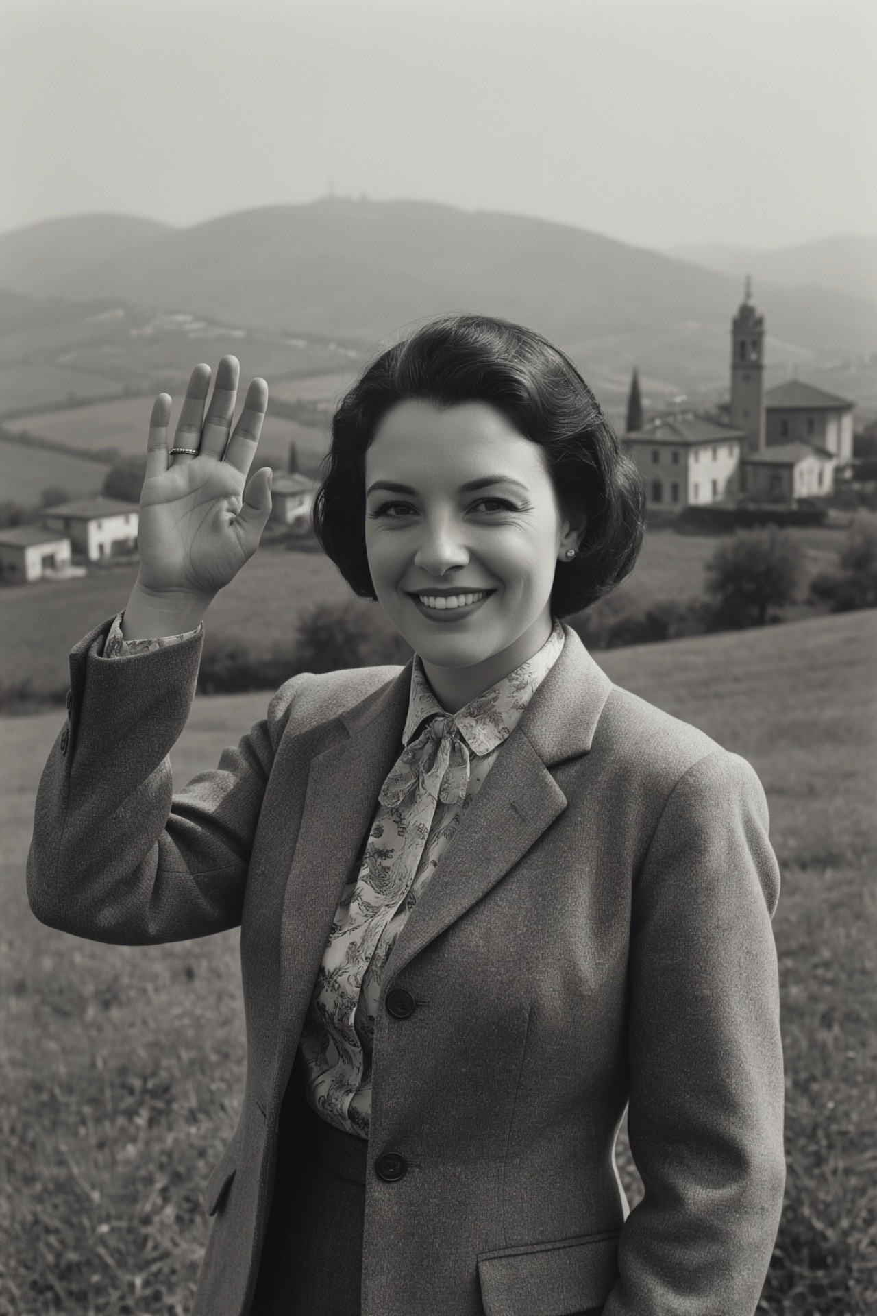 A 1950s photo of a thirty-year-old woman waving and smiling in camera. Surrounding her is a provincial Italian landscape....