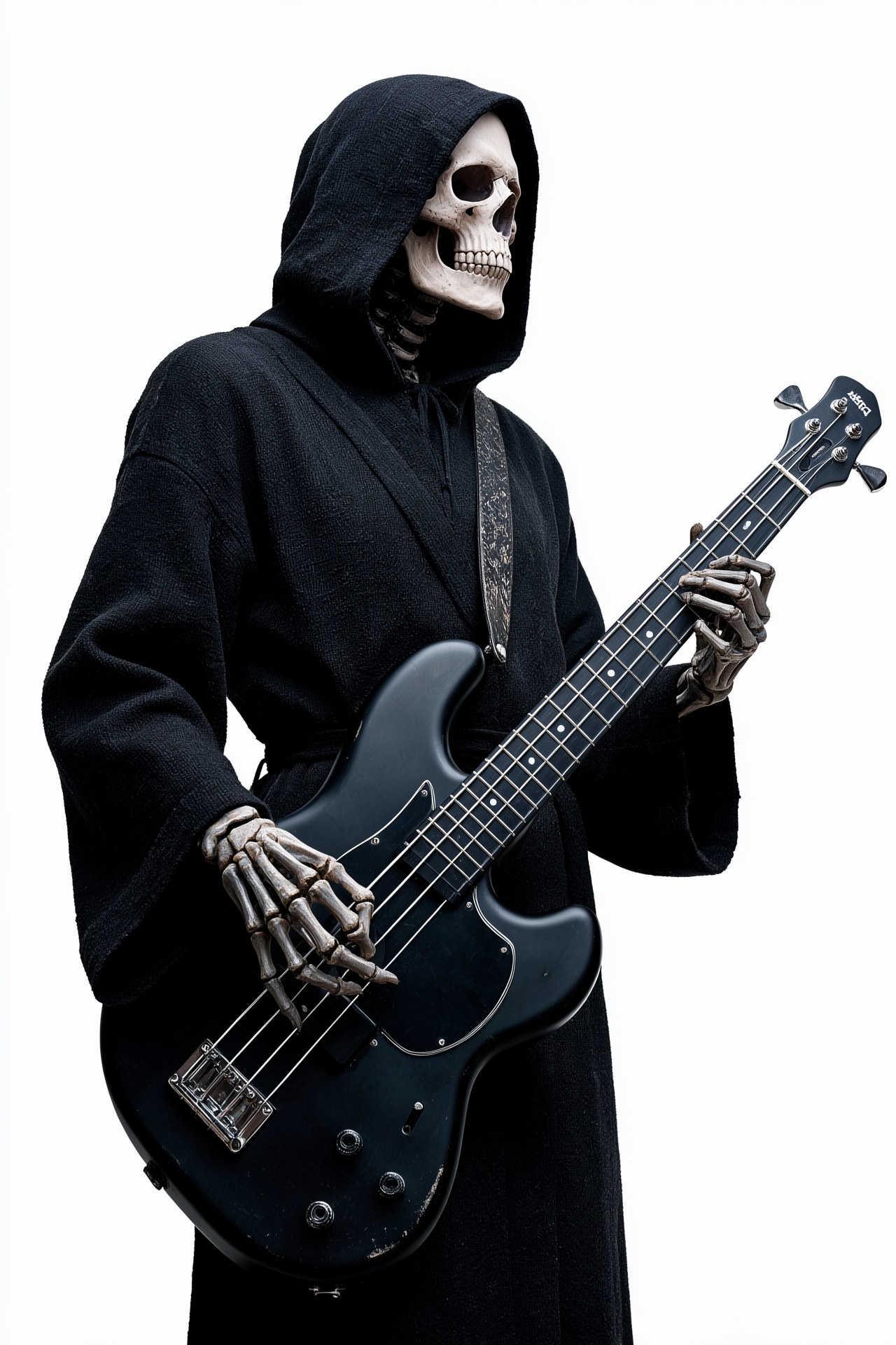 a skeletal figure in a dark,  textured,  hooded robe is prominently featured against a pure white backdrop on Tensor.Art