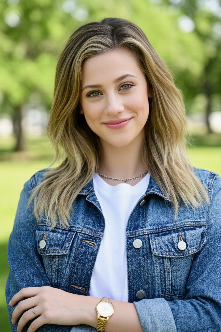 Professional editorial portrait photograph taken during an outdoor photoshoot in a park. Captured with a full-frame camera...