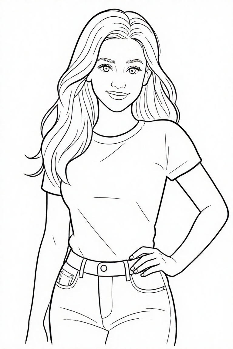The image depicts a clean,  coloring book–style line illustration of a young woman with long,  flowing hair. She is wearin...
