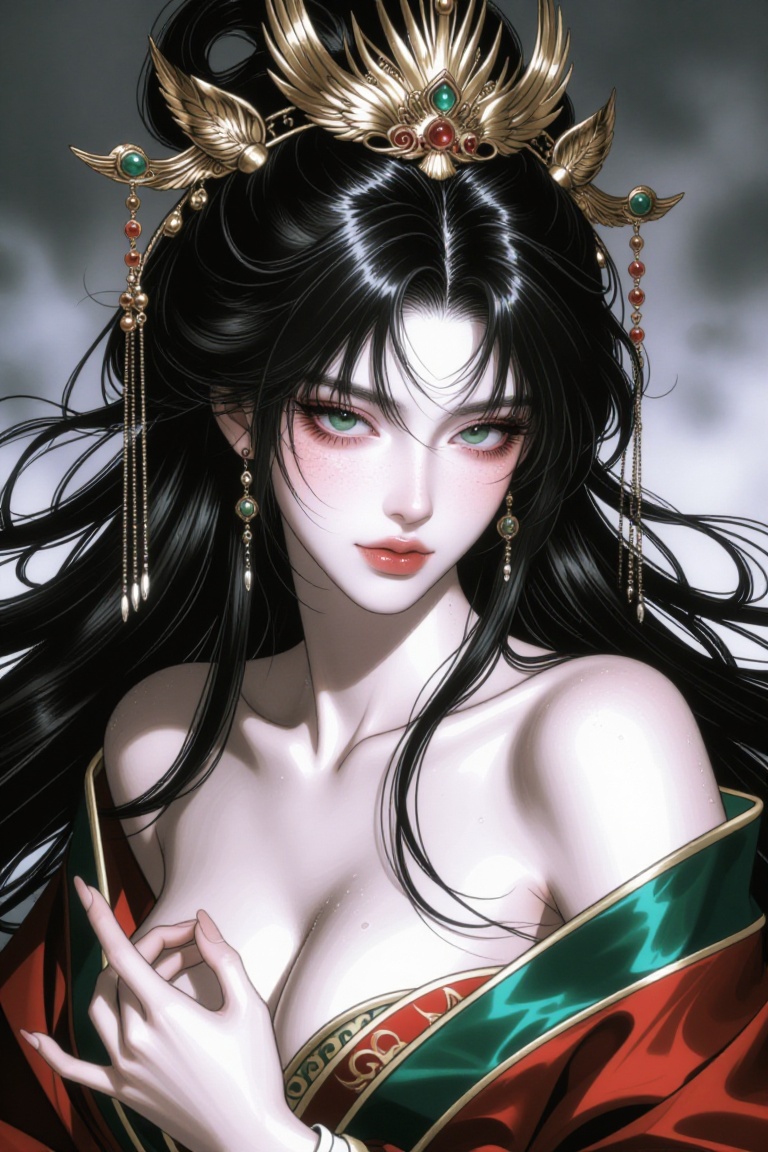 Korean thick impasto style,  2.5D semi realistic style,  a girl with long black flowing hair and pale flawless skin on Ten...