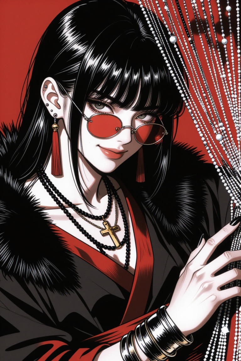 A high-contrast,  edgy illustration of a young female character with a bold aesthetic. She has short black hair with blunt...
